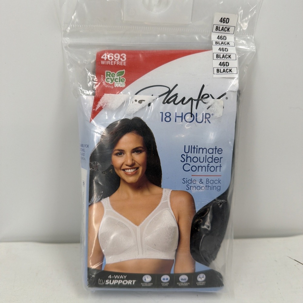 Playtex Womens Bra 46D Black 18 Hour Wirefree Ultimate Shoulder Comfort 4693
